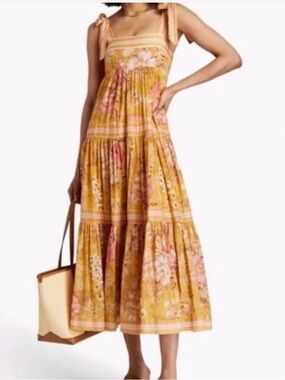 Zimmermann Mustard Floral Tie-Shoulder Midi Dress